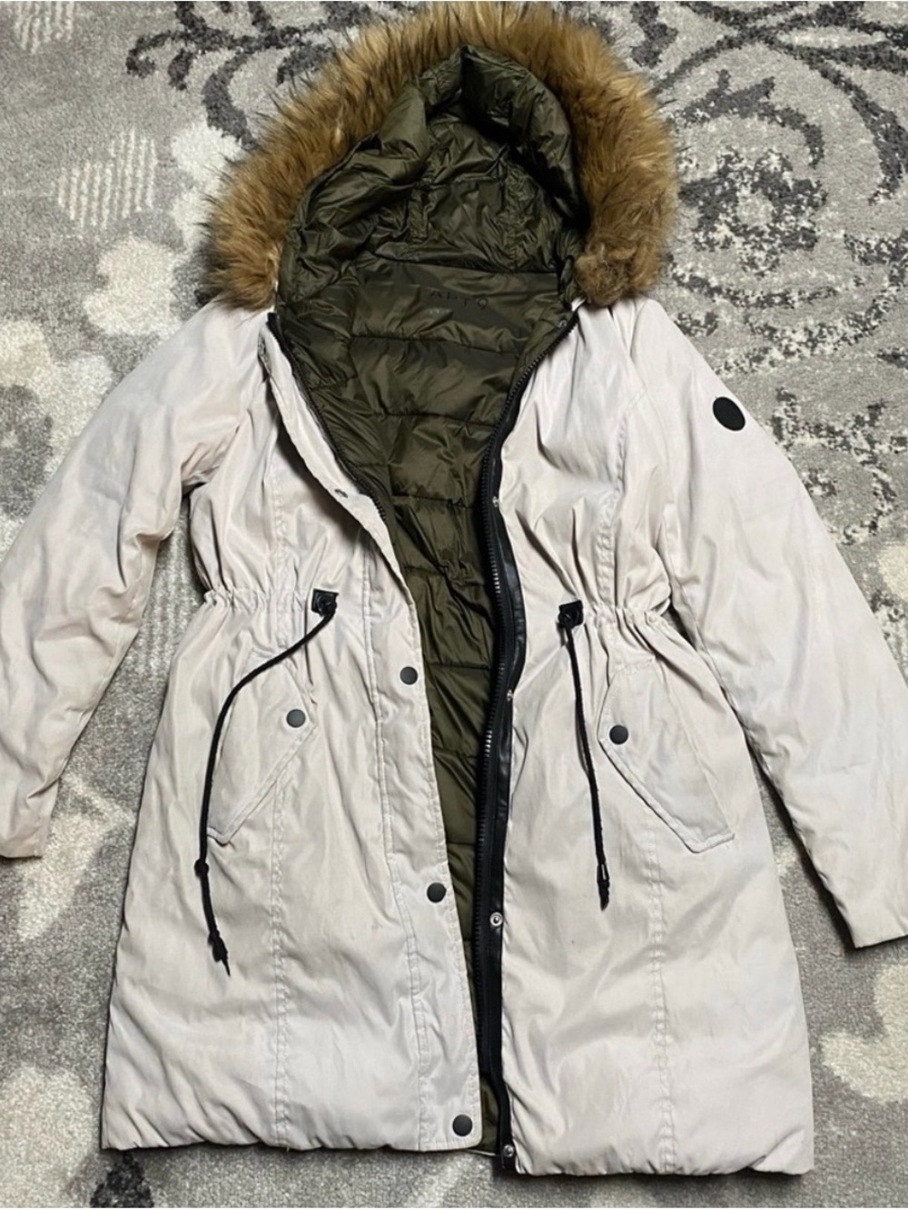 Apt. 9 Ivory Cream Hooded Anorak Puffer Parka Jacket Coat with Faux Fur Trim - Picture 3 of 9